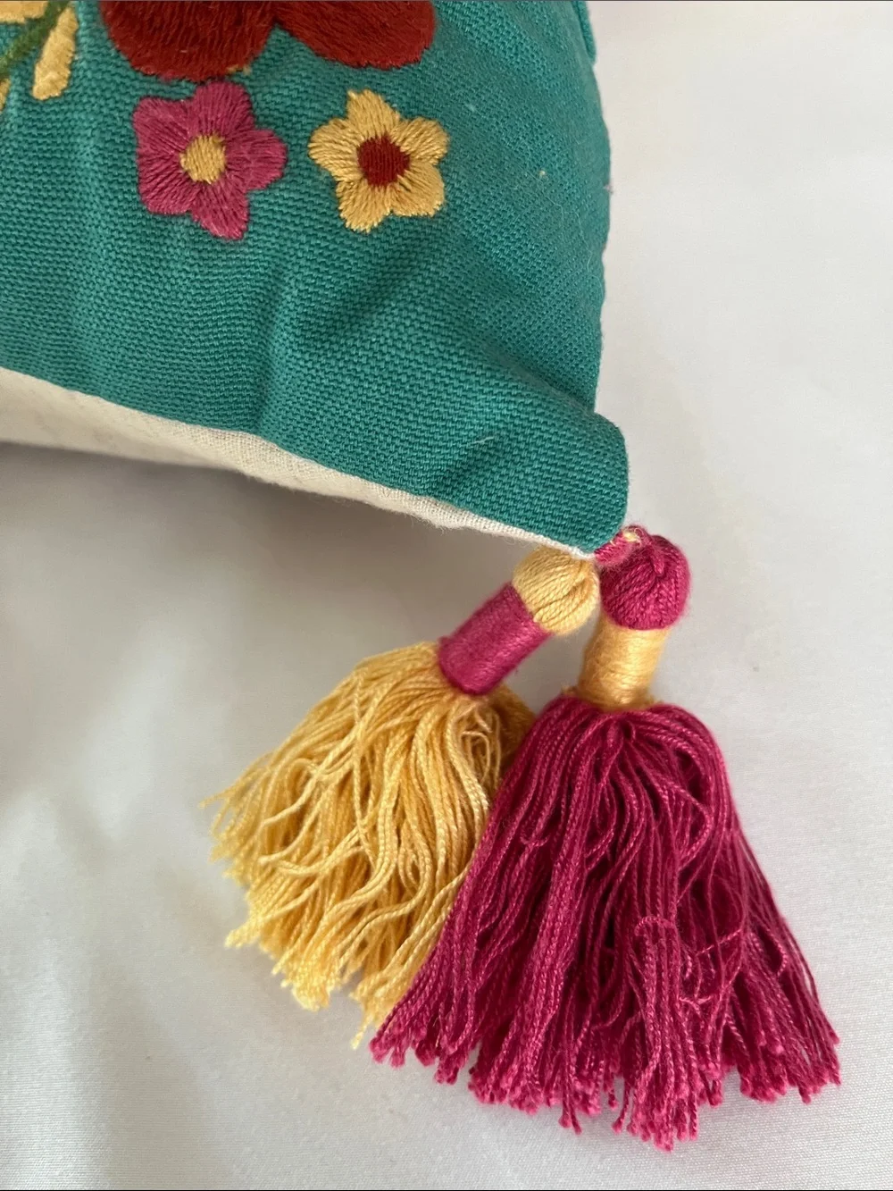 Pier 1 Fiesta Floral teal lumber embroidered  lumbar pillow boho fringe tassels